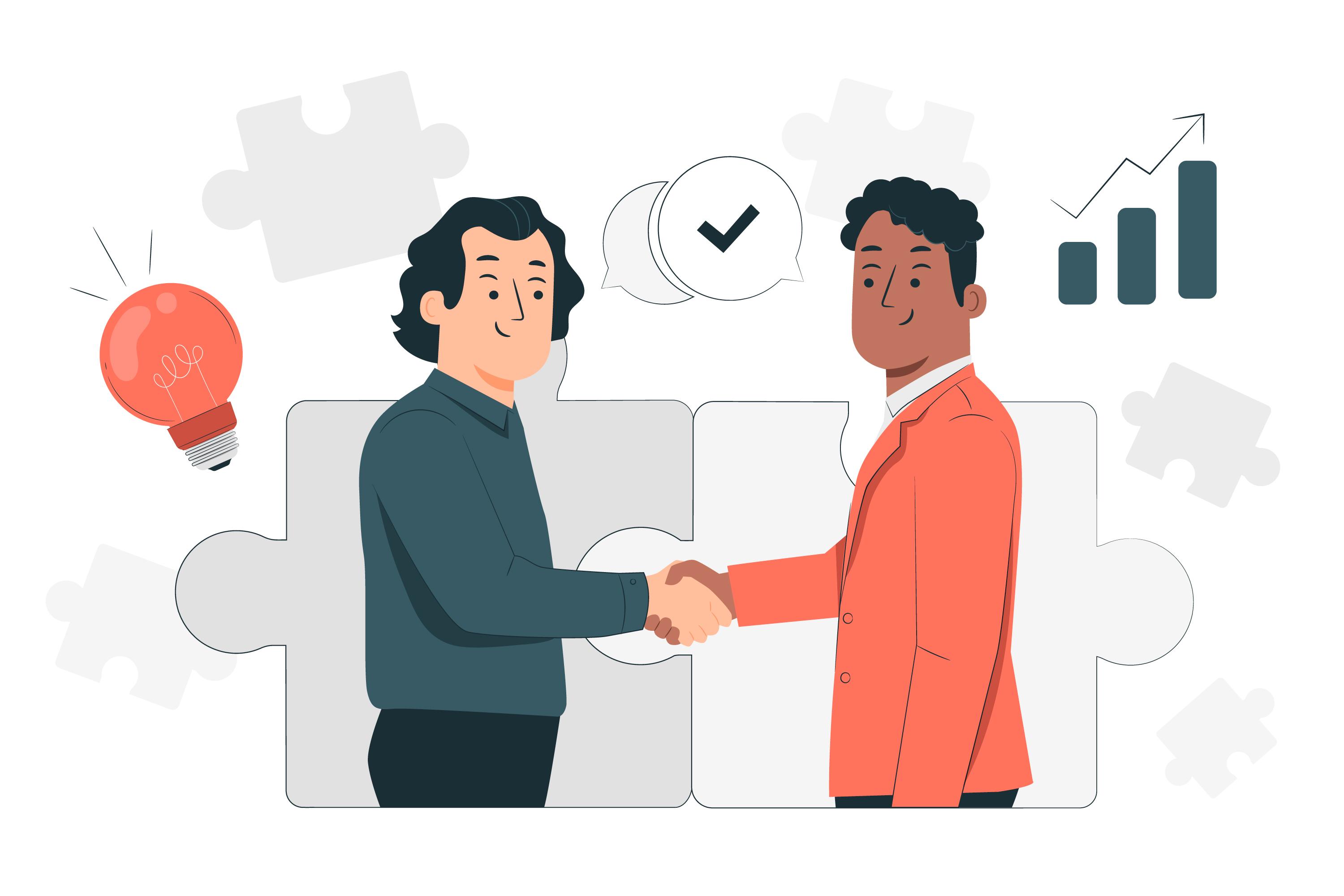 Two men shaking hands over a puzzle piece, symbolizing collaboration and partnership in problem-solving.